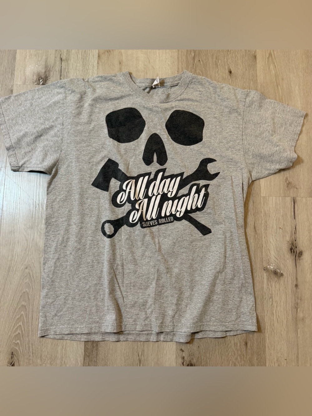 Flag nor Fail Grey Tee with Black Skull & Wrench Design - "All Day All Night"